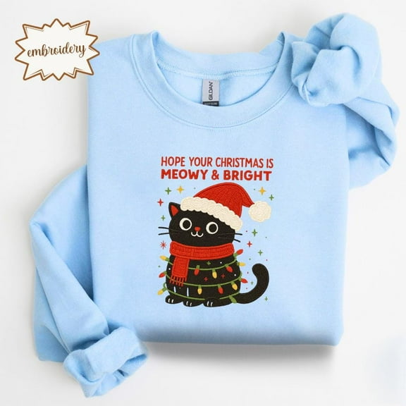 Cute Cat Embroidered Christmas Shirt, Meowy Xmas Embroidery Tee, Holiday Cat Lover Stitch Top, Festive Cat Embroidered Apparel for Women