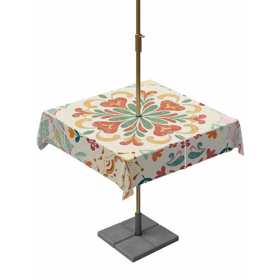 Square Outdoor Tablecloth with Umbrella Hole Beige Boho Outside Table Cloth Waterproof Patio Table Cover Retro Ethnic Shabby Colorful Floral Patterned Zipper Tablecloths for Picnic Camping 60x60 Inch