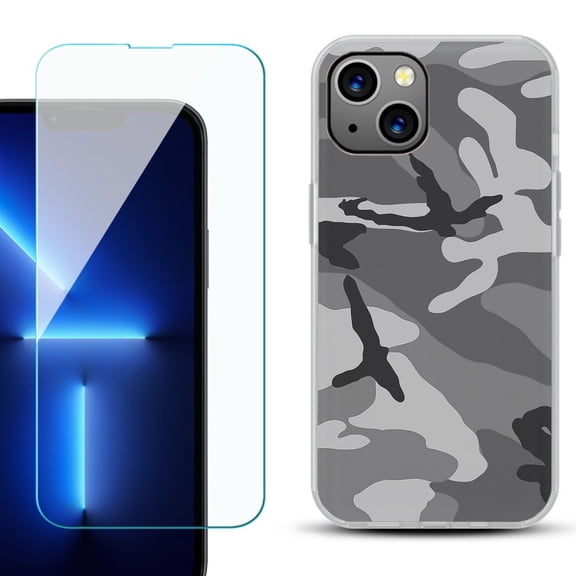 Slim-Fit Gel TPU Phone Case for iPhone 14, with Tempered Glass Screen Protector, by OneToughShield ® - Camo B/W