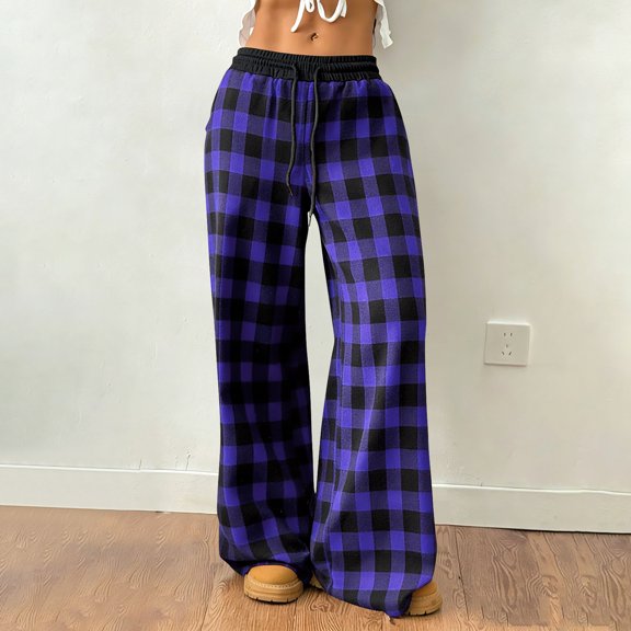 Gamivast Checkered Pants Women Loose Fit Elastic Drawstring Waist Plaid Print Lounge Pants Soft Breathable Wide Leg Lounge Pants Casual Pajama Outfits
