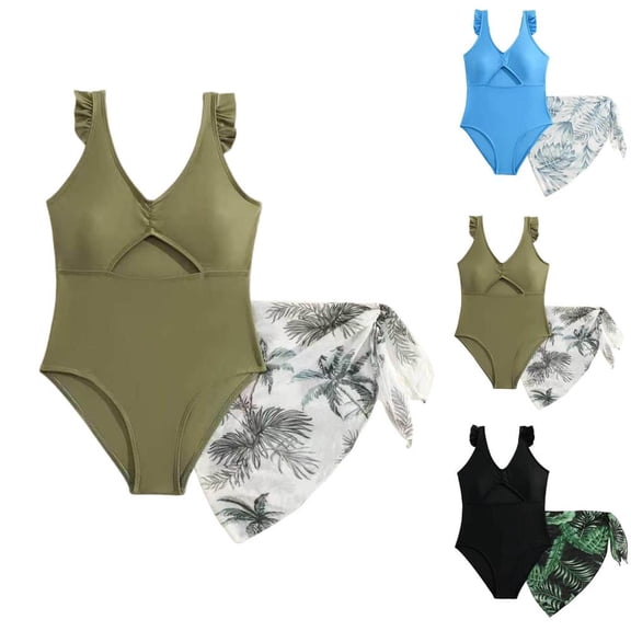 BXSRUTA Girls 2 Piece Swimsuit Set Youth Flying Sleeve Tankini with Skirt Tween Bathing Suit