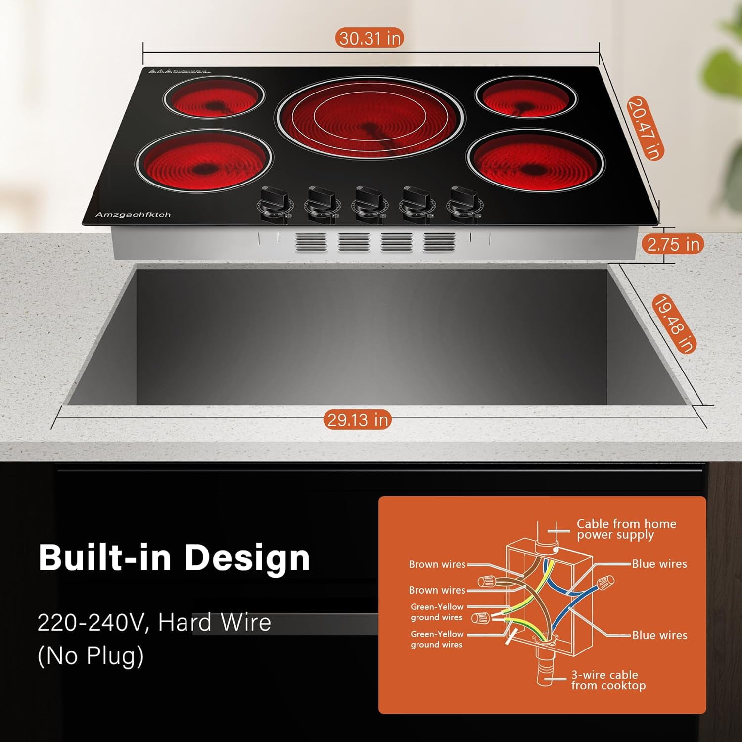 2 4 5 Burner Electric Cooktop 220V~240V, 12 24 30 Inch Built-in 3000W Ceramic Stove Top with Child Safety Lock, Timer & Residual Heat Indicator, Hard Wire(No Plug) for Modern Kitchens