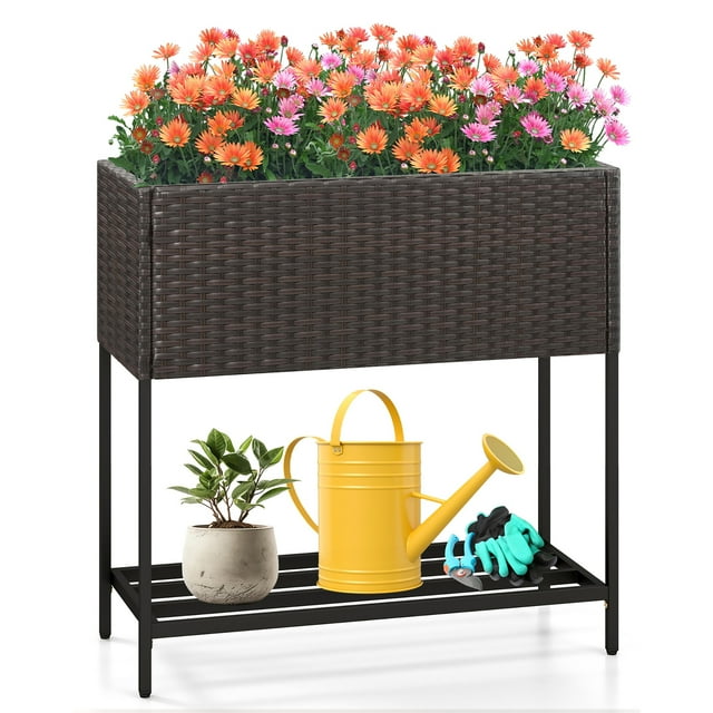 Gymax Elevated Planter Box Raised Garden Bed w/ Rattan Surface Bottom Storage Shelf