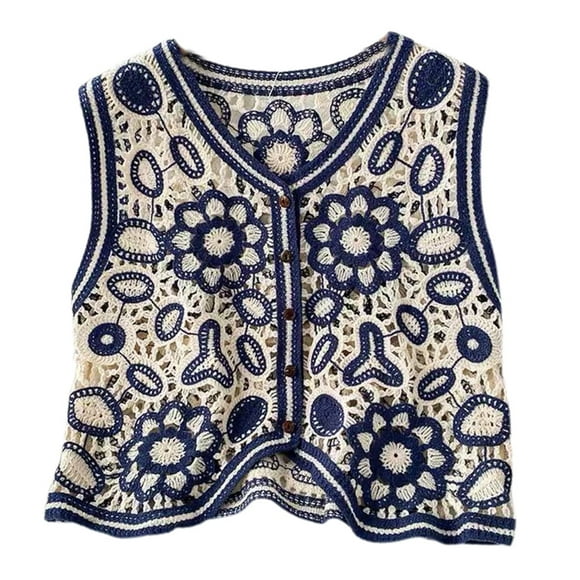 Boho Women Crochet Knit Vest Waistcoat Floral Pattern Sleeveless V-Neck Cardigan