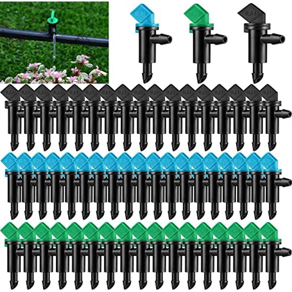 Jinsinto 60 Pcs Émetteur de Goutte d'Irrigation, 3 Tailles Drapeau de Jardin Émetteur de Goutte d'Irrigation, pour Pelouse, Arbres, Arbustes, Jardin (4 L/H Noir, 8 L/H Bleu, 16 L/H Vert)