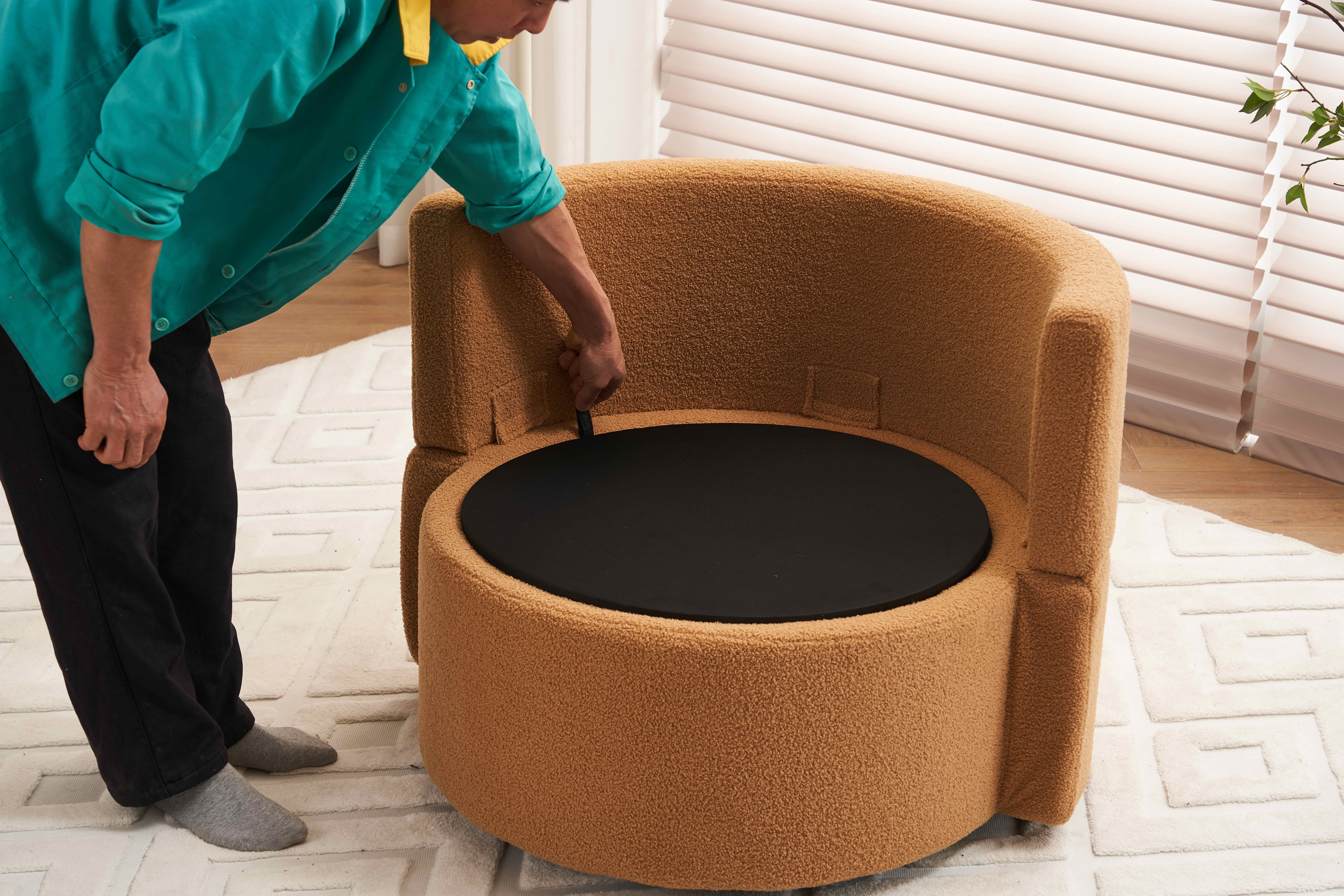 MAYEERTY Teddy Fabric Swivel & Storage Chair, with Back Cushion for Living Room, Khaki
