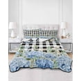 thumbnail image 2 of Quilts Twin Size Bedding Set, Blue Hydrangea Lightweight Quilted Comforter, Spring Summer Eucalyptus Black Checkered Soft Reversible Bedspread Coverlet with Pillow Covers for All Season, 68" x 86", 2 of 7