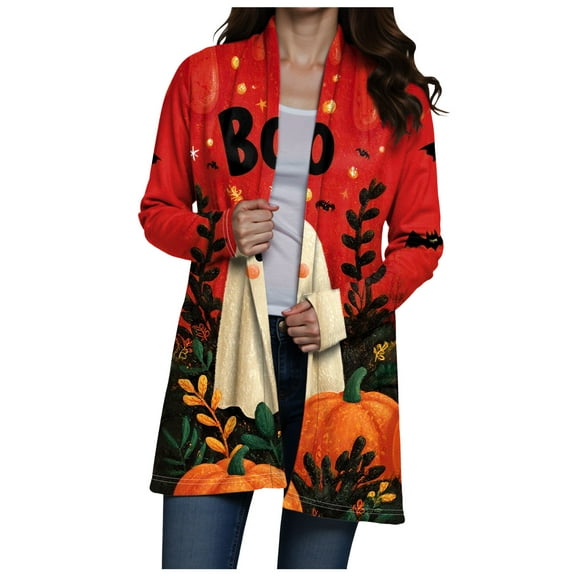 Hessimy Halloween Sweaters for Women Funny Print Fall Winter Long Sleeve Button Knit Cardigan Sweater(Red,L)