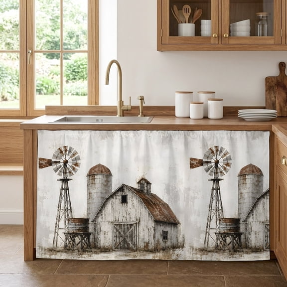 Farmhouse Barn Cabinet Curtains for Kitchen 32"W x 55"L, Vintage Country Rust Windmill Fence Field Pantry Curtain Skirt Magic Tape Short Curtains Decor Privacy Panel for Utility Closet Bathroom