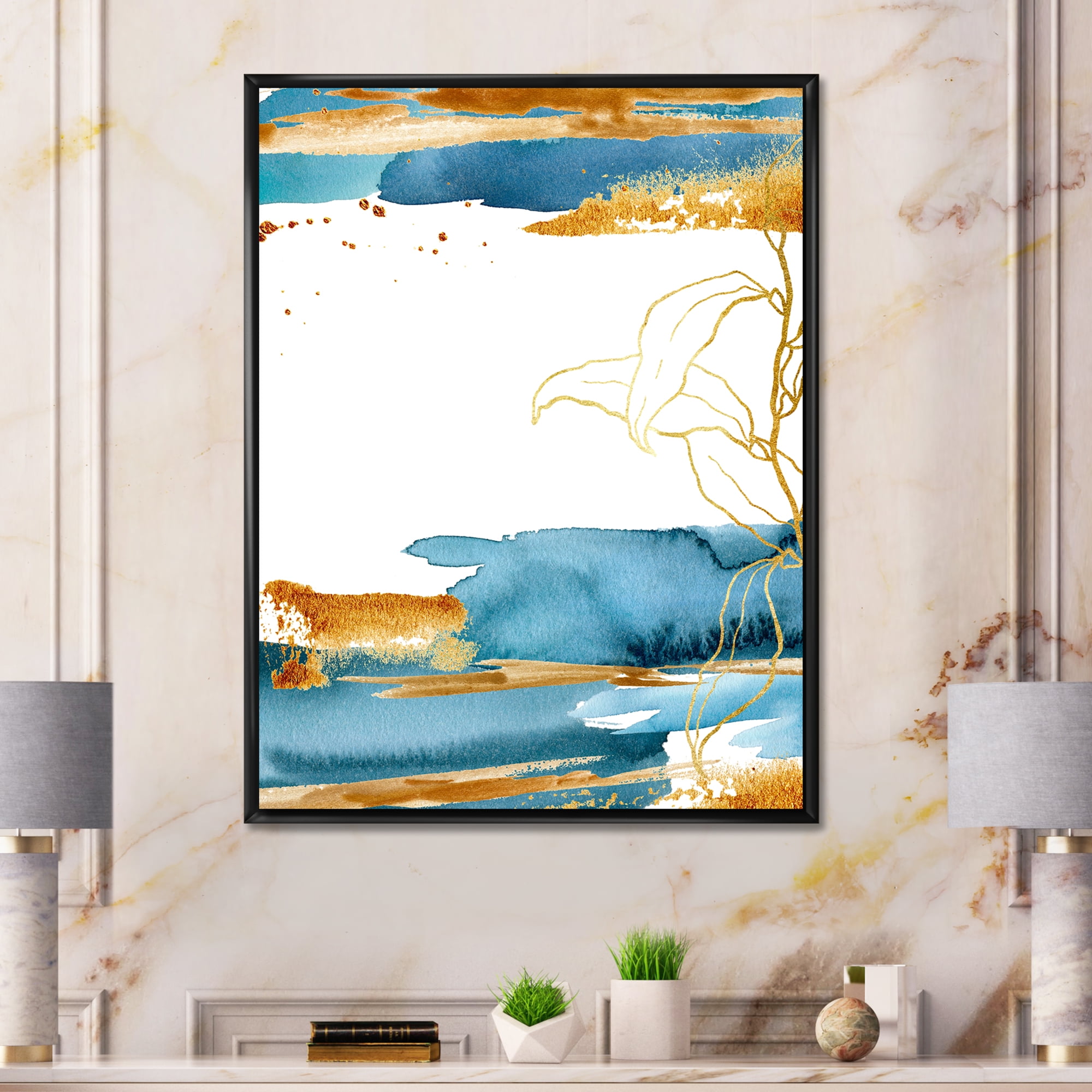 Designart 'Abstract Golden Laminaria Branch & Leaves' Traditional Framed Canvas Wall Art Print