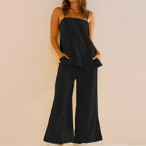 Gamivast Two Piece Sets for Women Spaghetti Strap Camisole Top Matching Pants Jumpsuit Lounge Set Summer Beach Outfits Black L Pantalones Capri Para Mujer