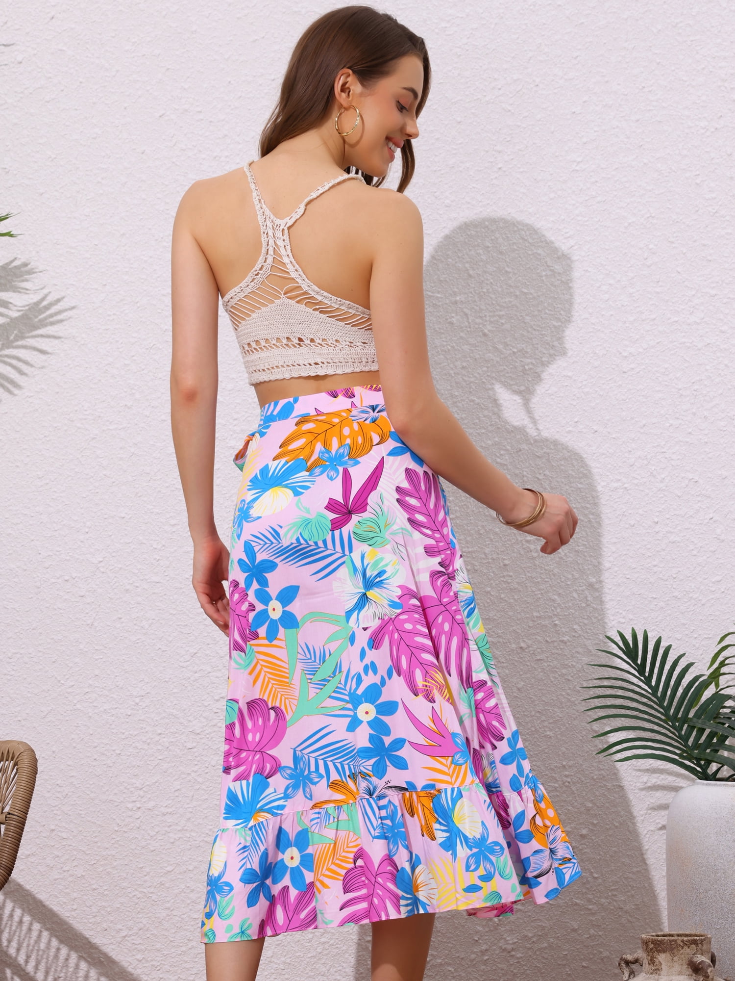 DARING DIVA Women's Tropical Floral Split Rayon Beach Hawaiian Wrap Skirt S Pink