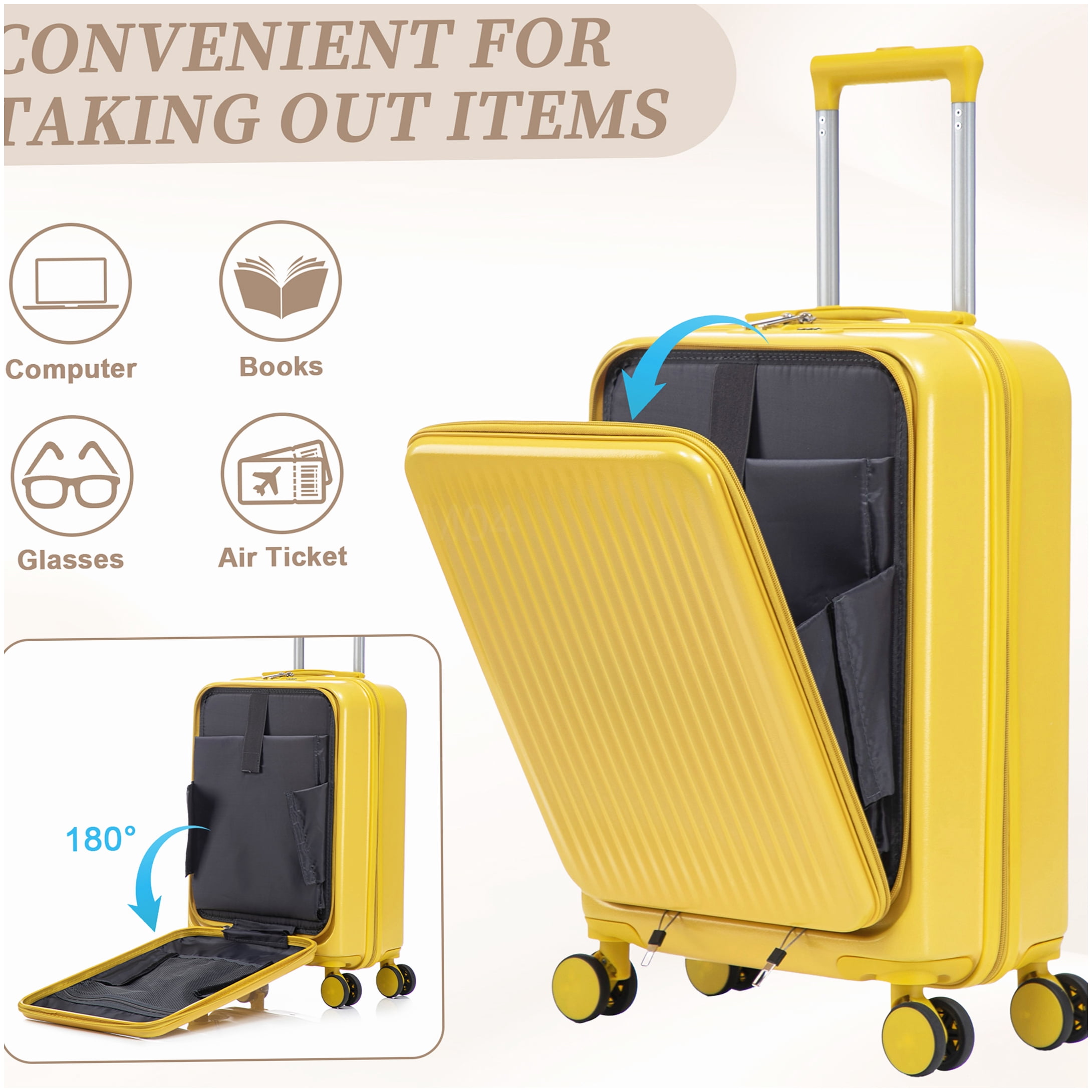 MANGIJOY 20 Inch Carry On Suitcase with Front Pocket &; 14 Inch Makeup Case - Yellow Hardcase Spinner Luggage Set, ABS Material