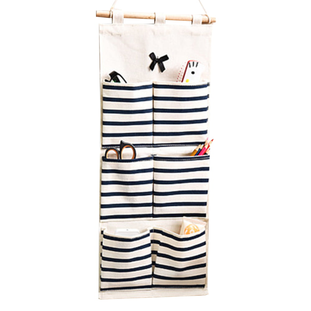 White & Blue Striped Hanging Organizer Nautical Theme Great for Little Stuff or Underwear Toys & Stuffed Animal/Teddy Bear Holder Wooden Rod with Anker Print 