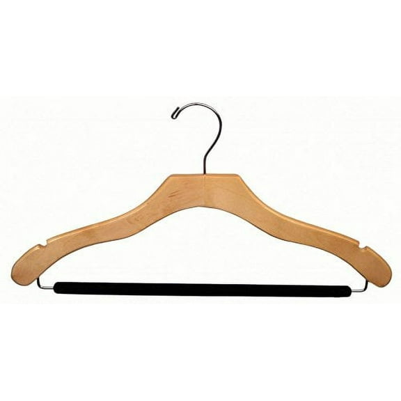 Wavy Wood Suit Hanger w/ Velvet Non-Slip Bar, Box of 100 Space Saving 17 Inch Hangers w/ Natural Finish & Chrome Swivel Hook & Notches for Shirt Dress or Pants by International Hanger