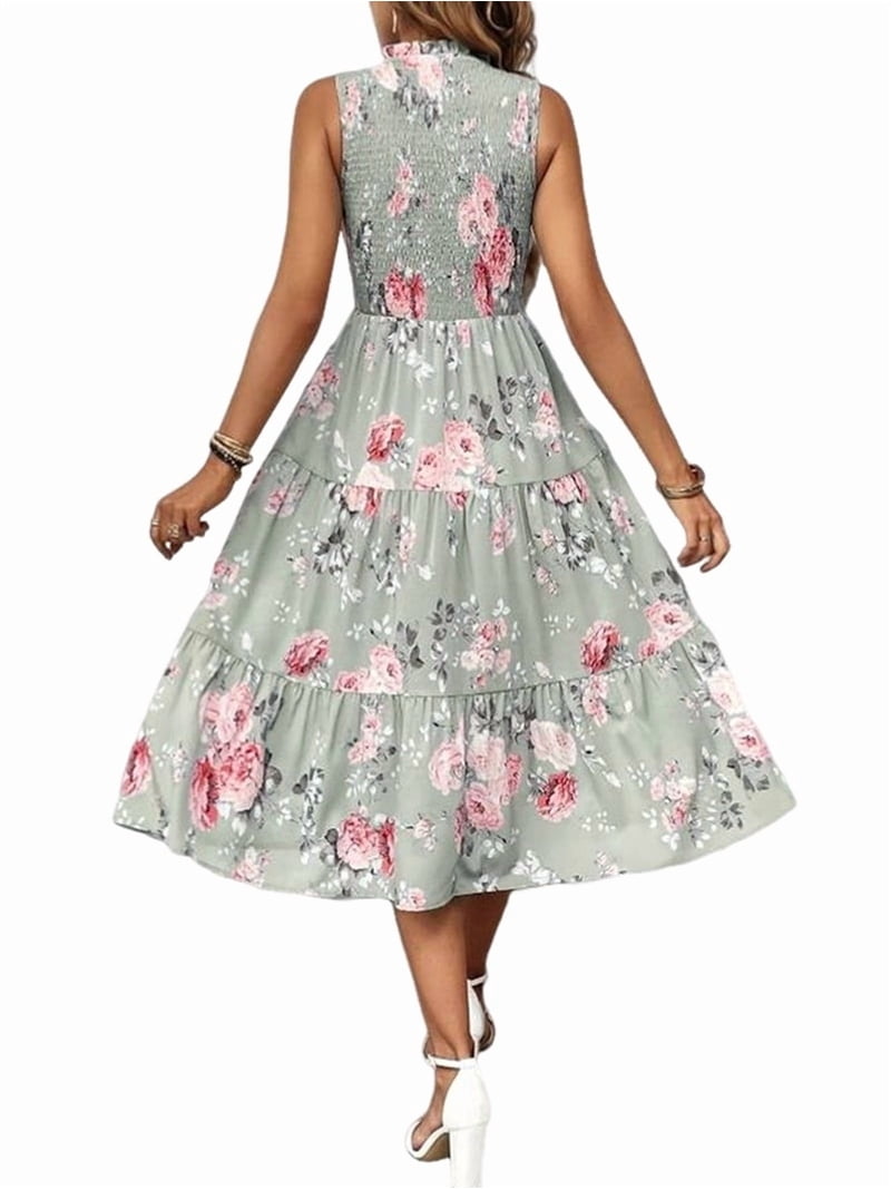 Women's Floral Ruffle Smocked Mid-Length Sleeve Sundress Flowy Guest Dresses Dress for Wedding Summer Green Flower M