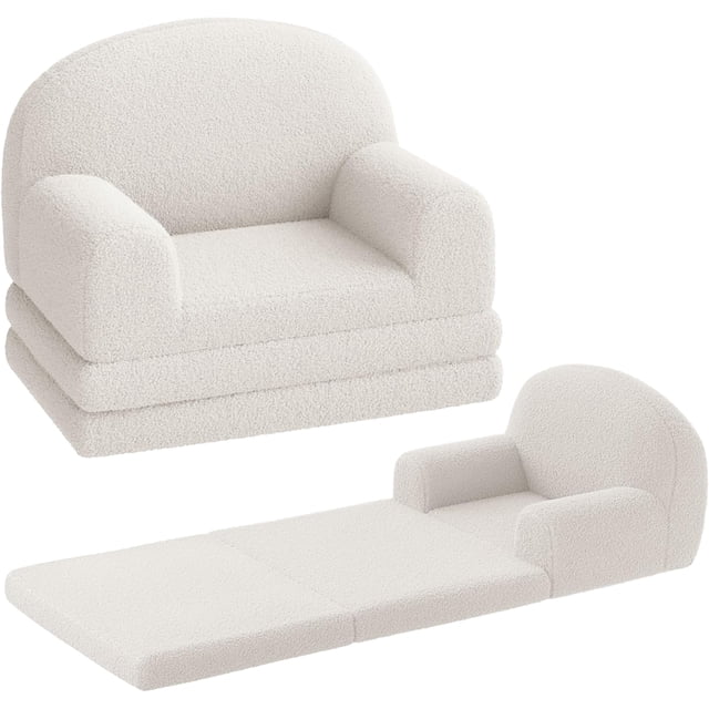 Comfy 2-in-1 para niños couch: fold-out convertible para niños pequeños sofa to lounger - soft sherpa foam chair gift para girls & boys (beige moon)