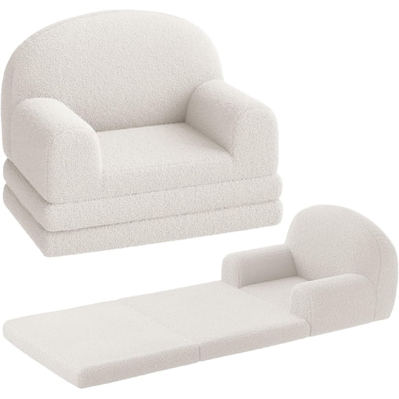 Eastvita Safe 2-in-1 Couch Comfy Toddler Fold-Out Couch Convertible to Lounger Foam Chair with Soft Sherpa - Beige Half Moon Medium Ideal Gift for Girls Boys