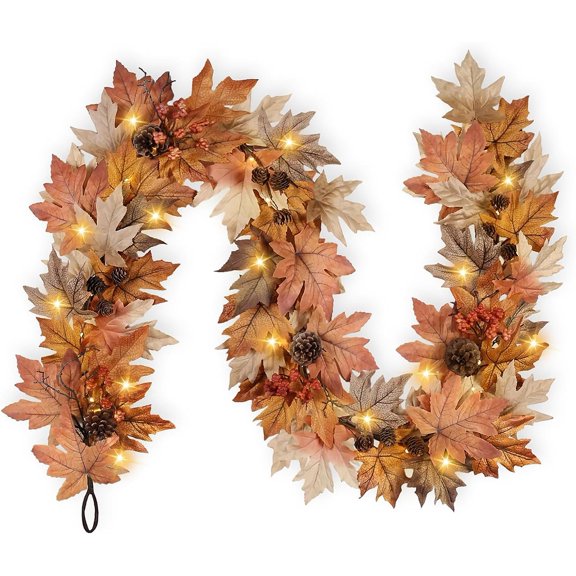 Autumn Garland with Lights 6 Ft, Automatic Timer, Realistic Fall Garland with Berries Pine Cones for Mantle, Porch, Table, Indoor Outdoor Decor
