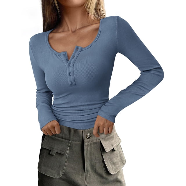 Camiseta PRETTYGARDEN para mujer, otoño 2024, manga larga, azul y gris