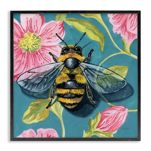 Stupell Industries Fuzzy Bee On Floral Pattern Black Framed Giclee Art, design by Kate Jarvik Birch