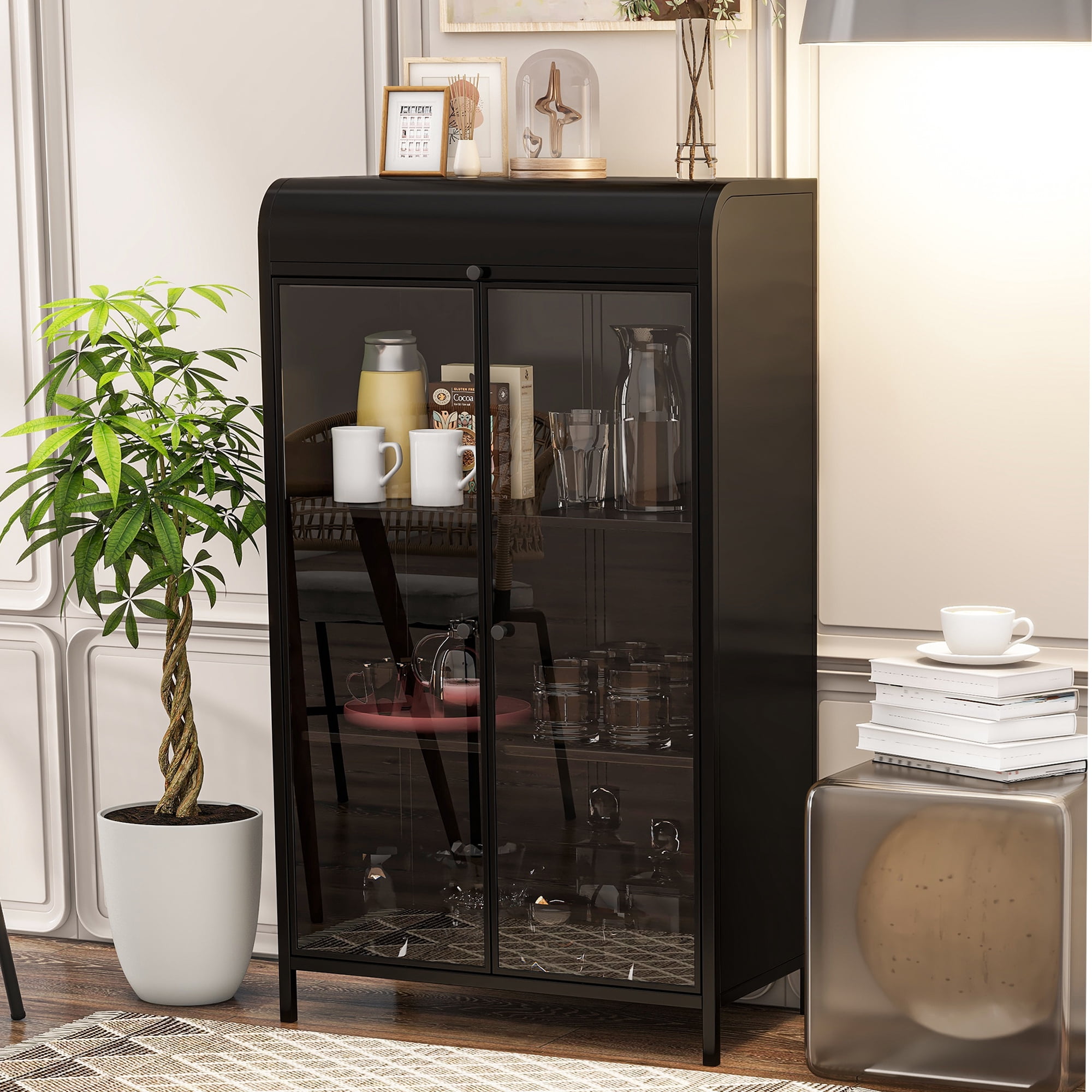 Leumius 4-Tier Metal Storage Cabinet with Glass Doors & Flip-Top, Display Cabinet with Open Shelves, Freestanding Steel Sideboard Buffet for Kitchen, Living Room, Home Office, Dining Room, Bathroom