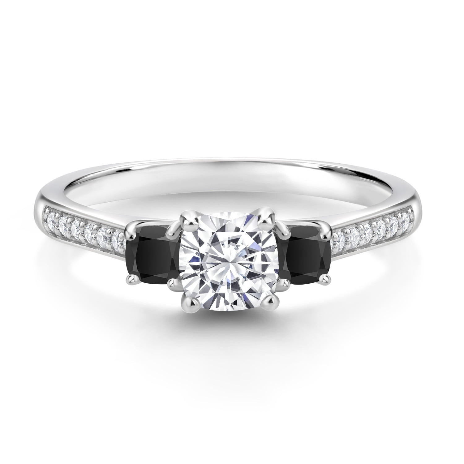Gem Stone King 925 Sterling Silver Cushion White Moissanite and Black Onyx 3 Stone Engagement Ring for Women (0.96 Cttw, Gemstone Birthstone, Size 5)