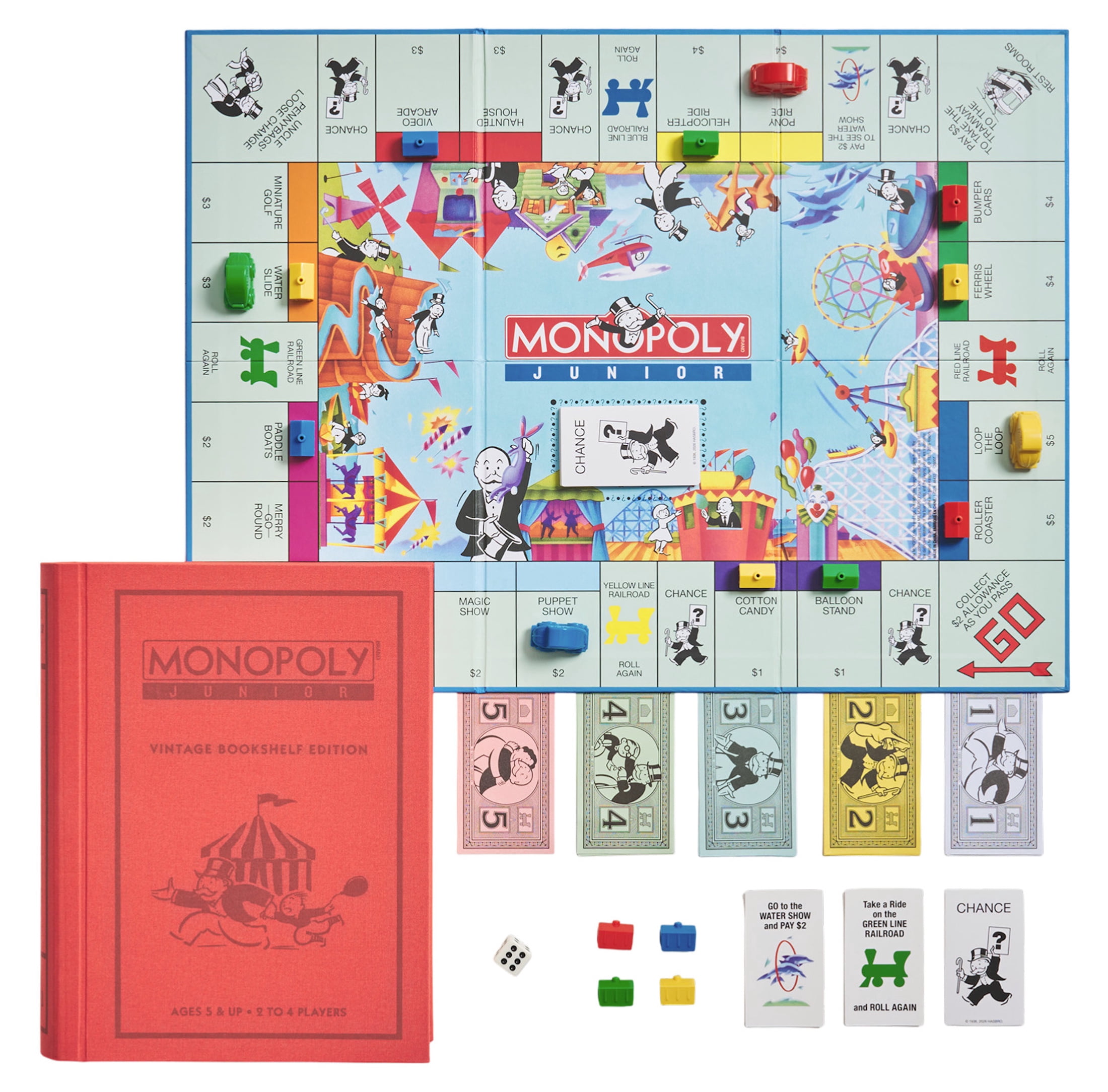 WS Game Company Monopoly Junior Vintage Bookshelf Edition – 1990 Retro Inspired Kids Board Game – Fabric Wrapped Book Storage for Ages 5 and Up
