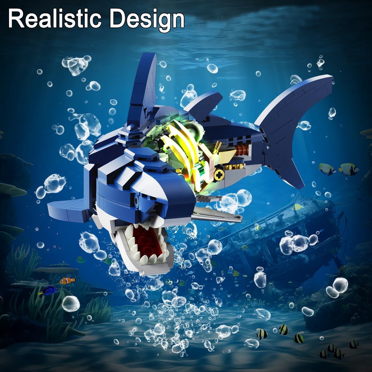 Shark Building Block Set, Sea Animal Building Blocks STEM Toys, with Swivelling Body and Light，with Display Stand for Adults, Marine and Mechanical Enthusiasts