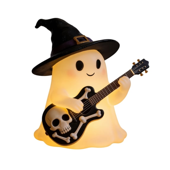 Halloween Ghost Guitar Reading Night Light, Cute LED Table Lamp, Spooky Ghost with Book and Guitar Ornament for Home Bedroom Desk Decor, 5.51x4.44Inch