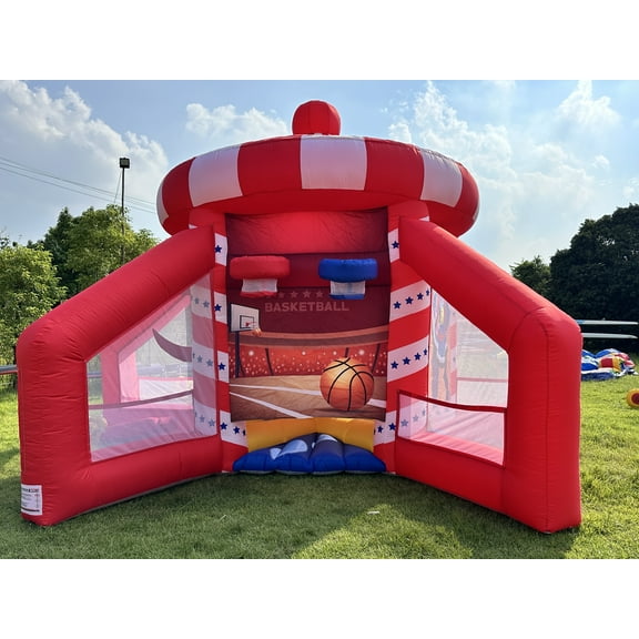 5-in-1 Inflatable Carnival Game House with Basketball Hoop, Soccer Goal, Target Toss & Dart Board for Kids Parties