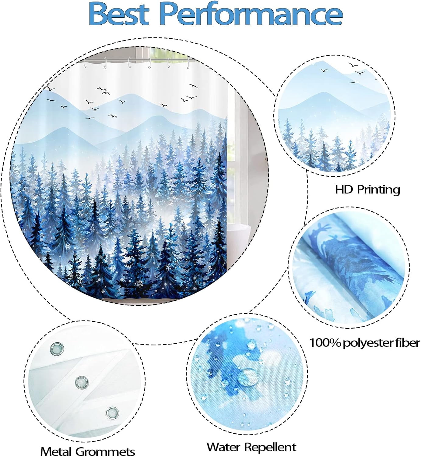 Winter Misty Forest Shower Curtain Christmas Snowflake Pine Tree Waterproof Fabric Shower Curtains for Bathroom Blue White Nature Mountain Xmas Snow Trees Bath Curtain Decor 72×72 Inches