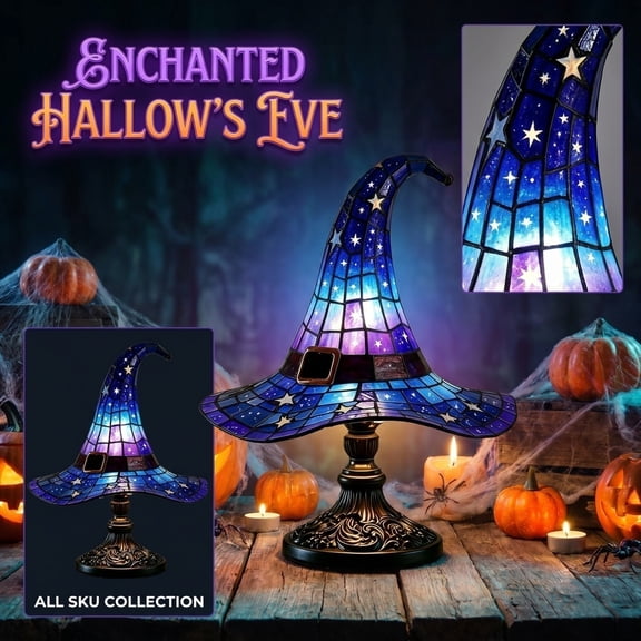 Stained Glass Witch Hat Lamp - Handcrafted Retro Resin Witch Lamp, USB Powered Gothic Wizard Hats Night Light, Halloween Home Decor Accent Lamps for Bedroom & Bookshelf