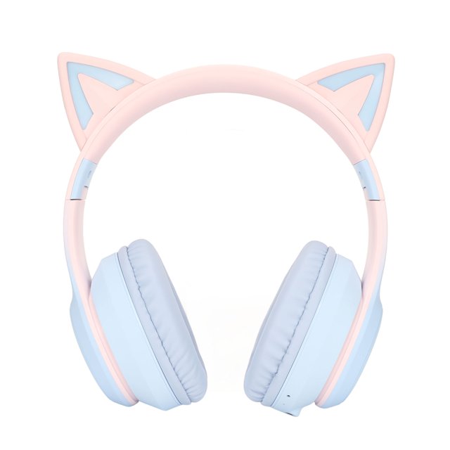 Auriculares para juegos con Bluetooth y orejas de gato, inalámbricos, plegables, con luz LED, micrófono desmontable, cable de 3,5 mm, color azul