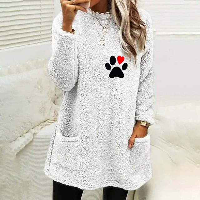 Qertyioot Hauts Grande Taille pour Femmes, Blouse à Manches Longues Chaude pour Femmes à Col Rond et d'Hiver, Ample, Imprimée, avec Poche