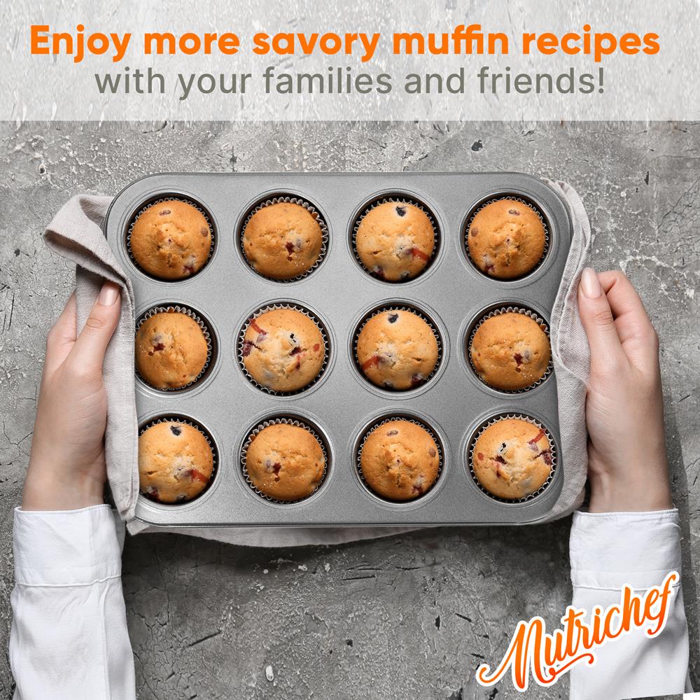 NutriChef 13” 12 Cup Muffin Non-Stick Baking Pan, Deluxe Gray Carbon Steel Bake Pan