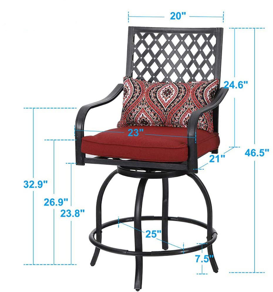 MF Studio 2PCS Patio Dining Chairs Outdoor Furniture Extra Wide Height Swivel Bar Stools Suitable for Patio, Garden, Porch and Dining Room with Red Cushion - image 5 of 6