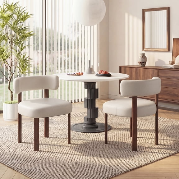 Modern Upholstered Dining Chair Set of 2, Faux Leather Seat with Solid Wood Legs Ergonomic Curved Back Kitchen Chairs for Dining Room Living Room Cafe Beige