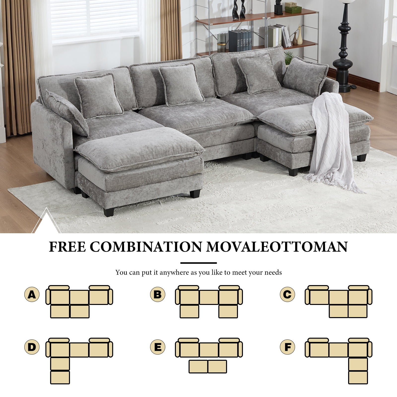 111.5” Gray Modular Sofa, 3 Seater U Shaped Chenille Sectional for Living Room, Cloud Couch with Ottoman, Sofá moderno
