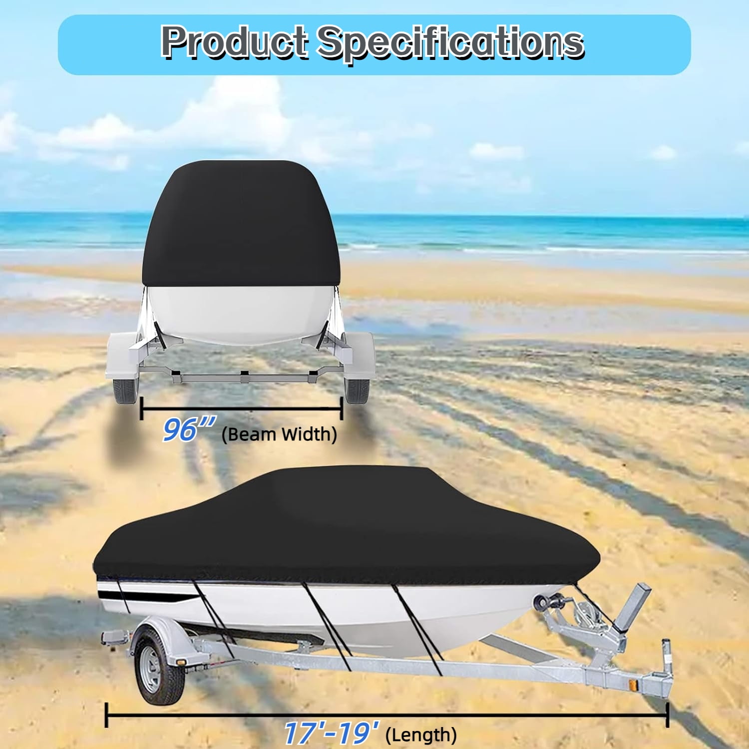 Waterproof Boat Cover, 17-19ft Trailerable Boat Cover, Heavy Duty 210D Oxford Mooring Cover for V-Hull Boat with 5 Straps,19.7 x 9.8 ft