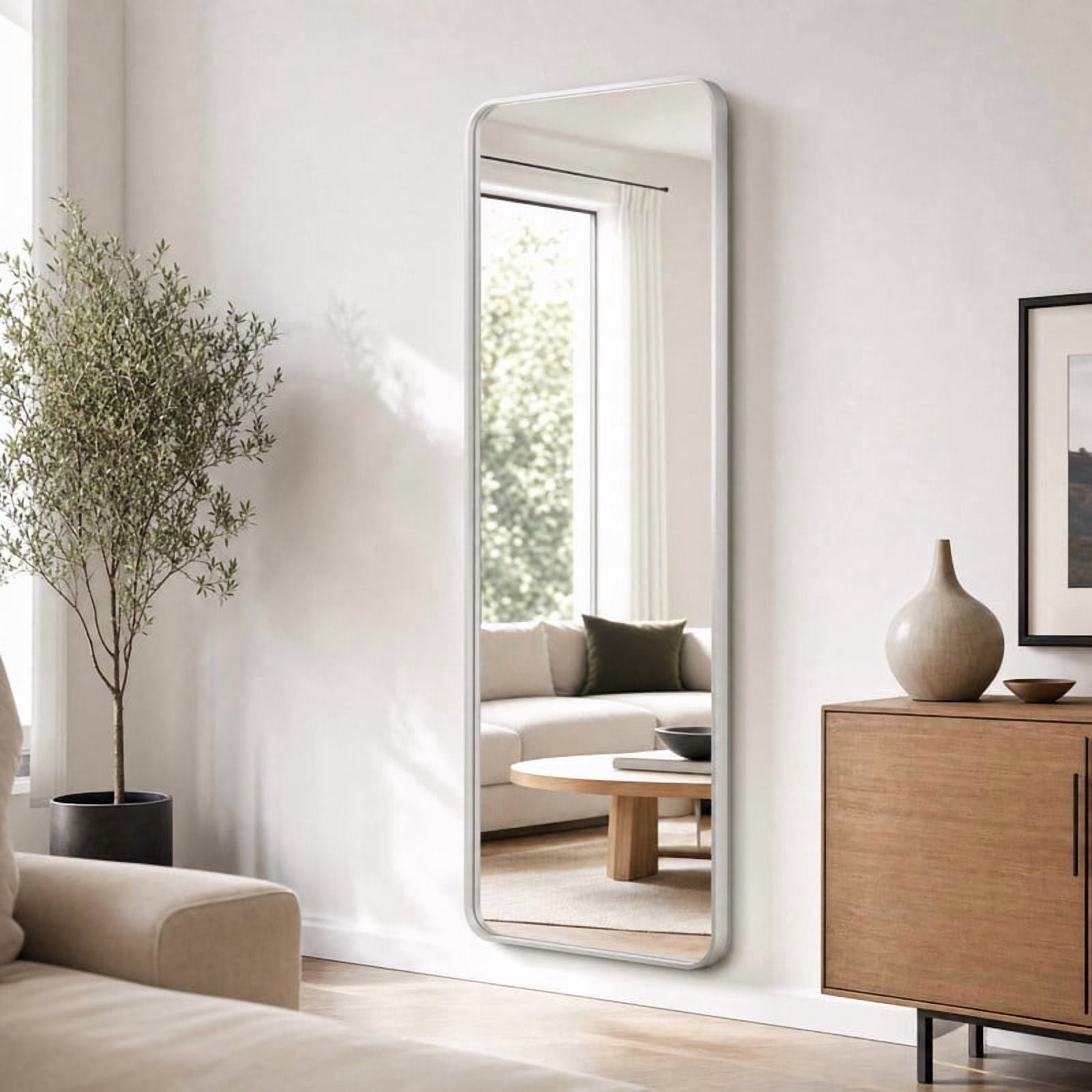 Easy4Home 64"x21"Deep Frame Rounded Rectangle Full Length Dressing Mirror Floor Standing Mirror Wall Mounted,Silver