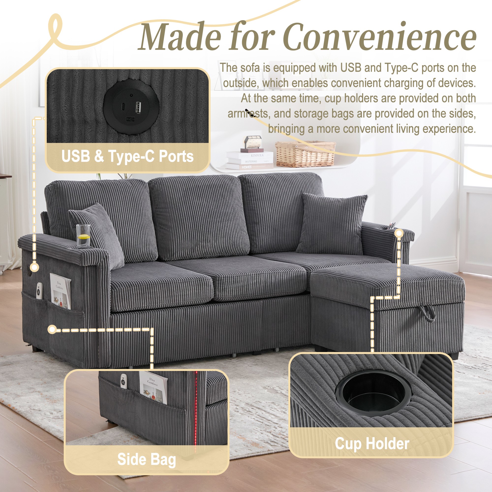 L-Shaped Sectional Sofa,Corduroy Convertible 3-Seat Sofa Couch with Pull-Out Storage,Ottoman for Living Room,Apartment,Dark Gray