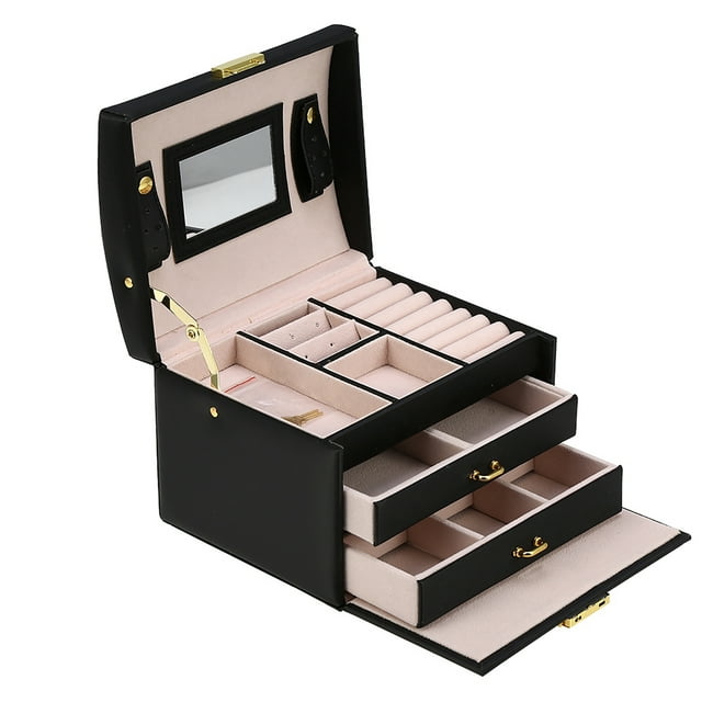 Caja Organizador De Almacenamiento De Joyas De Tres Capas Caja De PU Pendiente Collar Vitrina Gabinete Negro