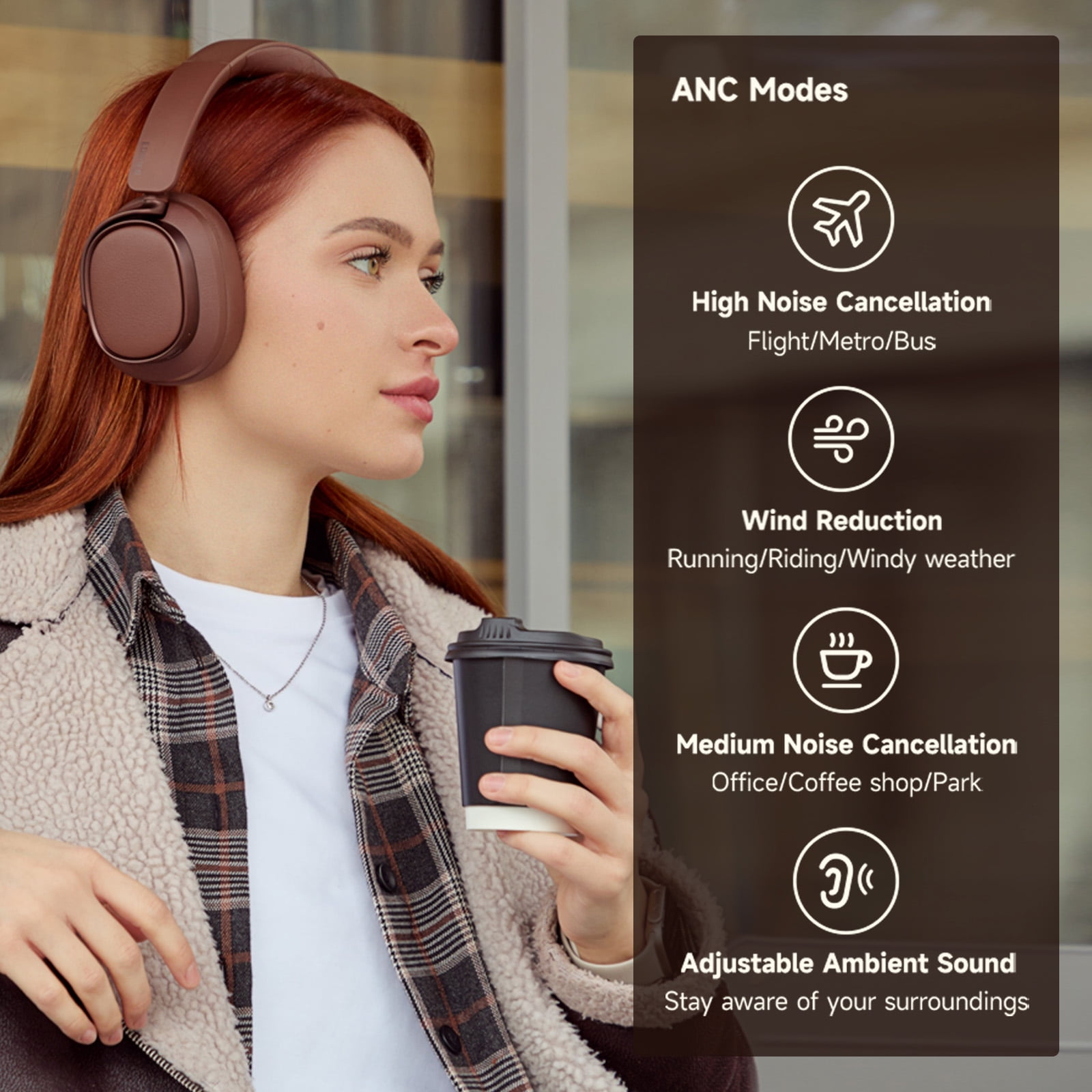 Edifier Bluetooth Active Noise Cancelling Headphones, 92H Playtime Hi-Res Audio Certified, Fast Charging - Brown