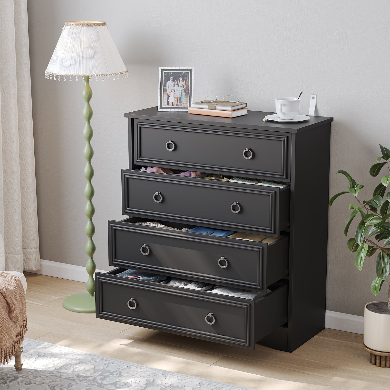 Holliwill Modern Drawer Dresser for Living Room, Bedroom, Hallway, Dresser Chest with 4 Drawers, Black