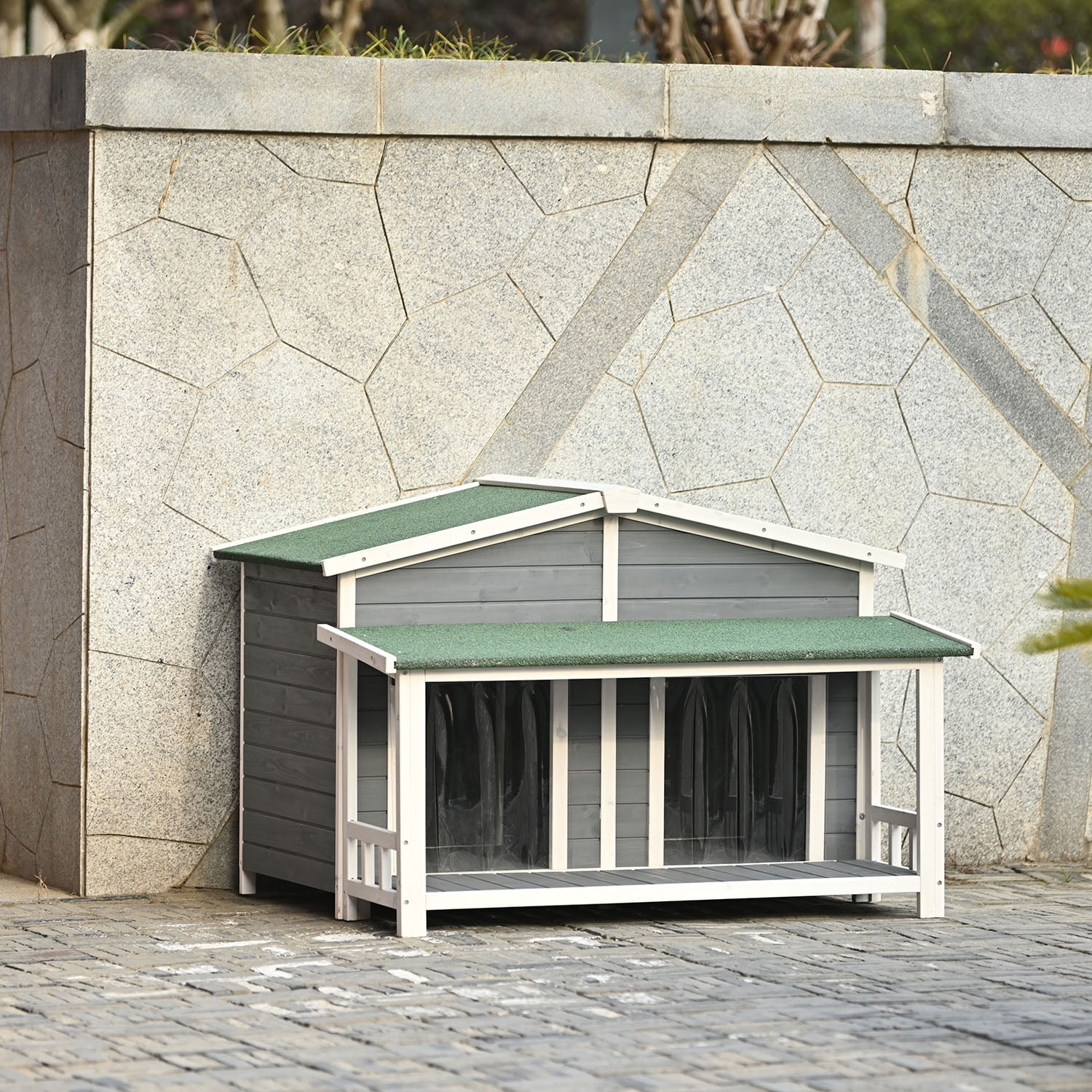 Kadyn 47.2" Dog House, Large Wooden Dog House with Porch and 2 Doors, Outdoor & Indoor Dog Crate for the Porch or Deck, Gray Kadyn 47.2" Dog House, Large Wooden Dog House with Porch and 2 Doors, Outdoor & Indoor Dog Crate for the Porch or Deck, Gray