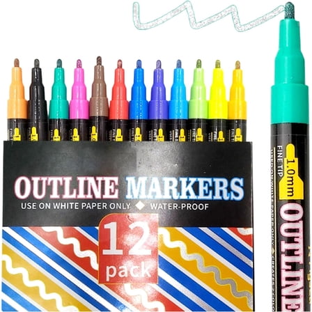 12 Colors Double Line Outline Markers, Self-Outline Metallic Pens for DIY Art Crafts and Greeting Cards