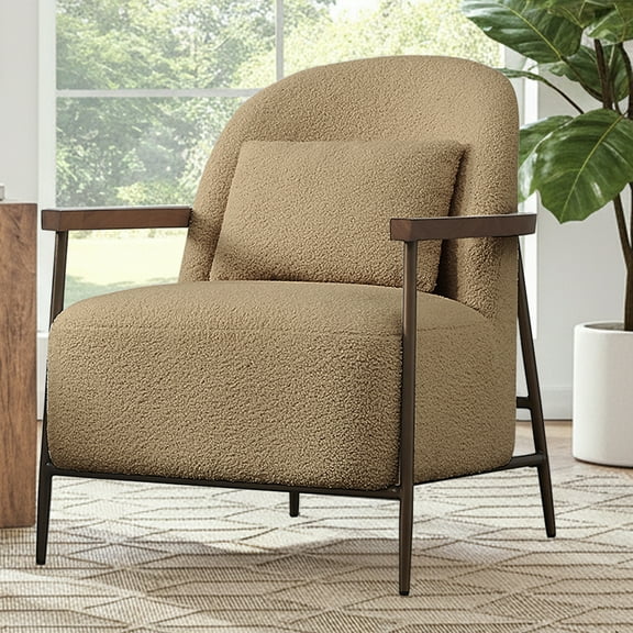 Spruce & Spring Modern Upholstered Faux Sherpa Accent Chair with Wood Arms and Metal Legs Single, Camel