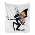 thumbnail image 1 of Fantasy Soft Flannel Fleece Throw Blanket, Dreamy Girl Silhouette with Butterfly Wings and Fly-Away Hair, Cozy Plush for Indoor and Outdoor Use, 60" x 80", Black and Multicolor, by Ambesonne, 1 of 6