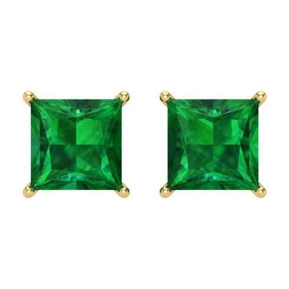 4 ct Screw-Back Stud Earrings for Women | 7.0mm Princess Cut Simulated Emerald | 18K Yellow Gold